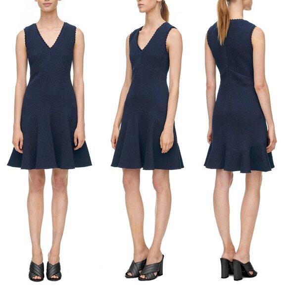 Rebecca Taylor Anna Scallop-Trimmed Navy Dress Size L Textured Knit Modest $395 - Picture 2 of 15